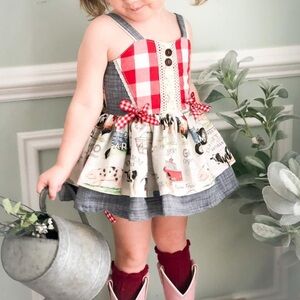 Girls' Farmhouse Dress with Red Gingham